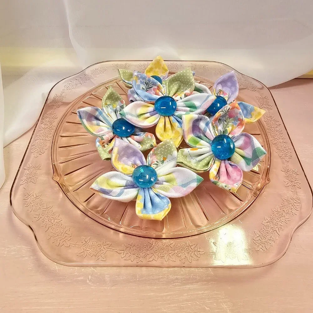 6pc Joyful Garden Fabric Flower Set, Bright & Colorful Pastels, Blue Centers